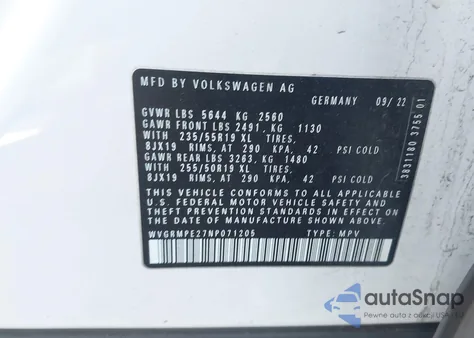 2022 Volkswagen Id.4 Pro из США, поврежденный, VIN WVGRMPE27NP071205